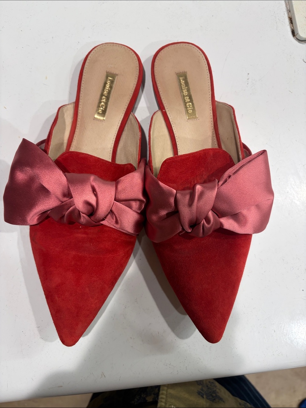 Louise et Cie Red Pointed Suede Mules with Pink Satin Bow